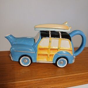 Blue Sky Clayworks Retro Woody Ceramic Teapot  5.5x10” Surfing Heather Goldminc